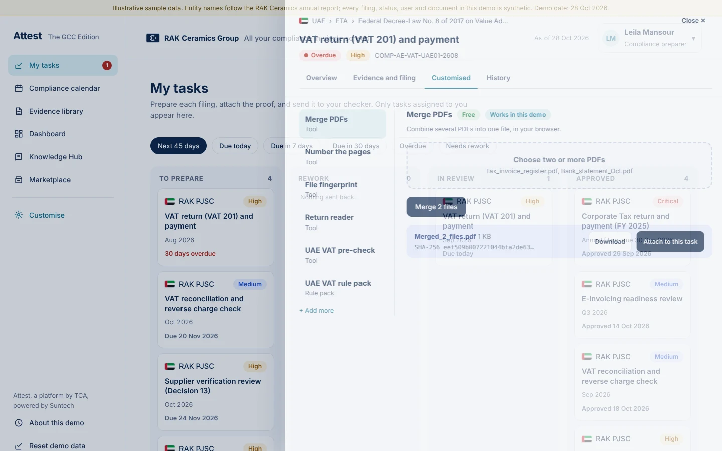 A tool such as Merge PDFs works in the task, and its output can be attached as proof