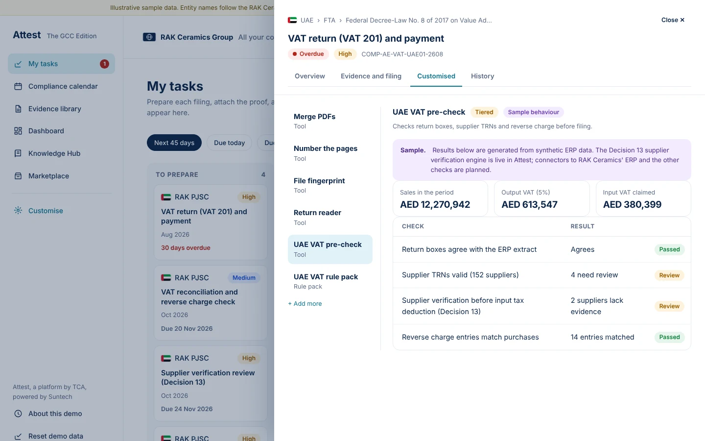 The Customised tab holds the tools the maker subscribed to, such as the VAT pre-check