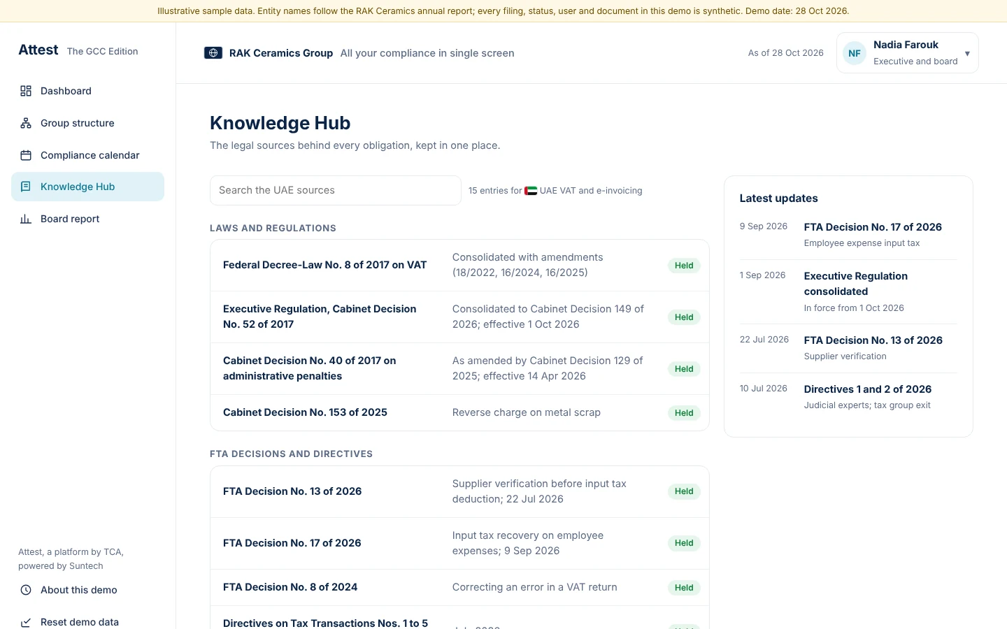 The Knowledge Hub lists every UAE source held, with the latest updates beside it