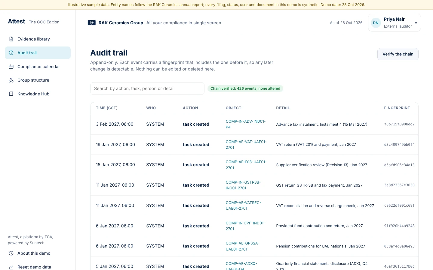 An append-only audit trail can be verified at any time